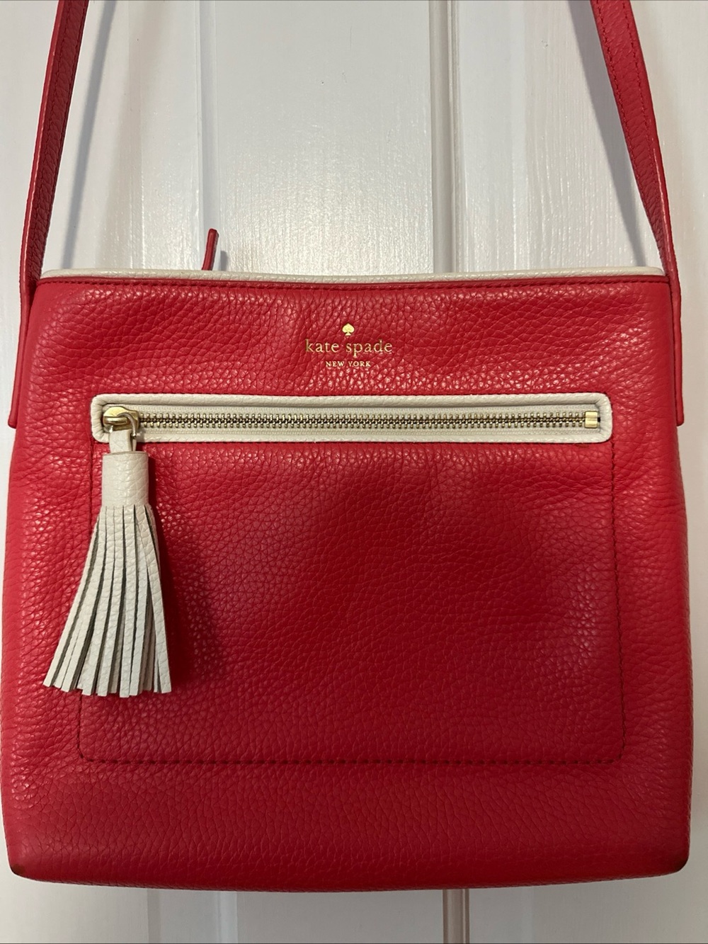 Kate Spade Red Leather Crossbody Bag with Ivory Trim and Tassle